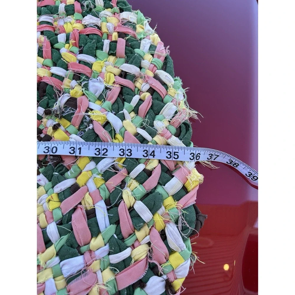 Handmade Braided Rag Rug 36x28 Green Pink Yellow Primitive Farmhouse Cottage